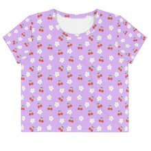 Load image into Gallery viewer, Lavender Cherry and Flower All-Over Print Crop Tee