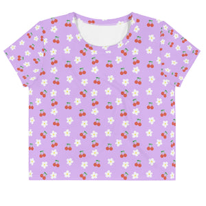 Lavender Cherry and Flower All-Over Print Crop Tee