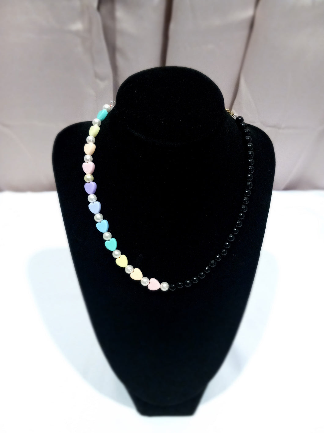 Rainbow Hearts with Pearls and Black Beads - Half & Half Necklace