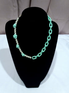 Teal Flowers, Links, and Pearls - Half & Half Necklace