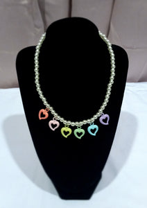 Pearl Necklace with Rainbow Hearts